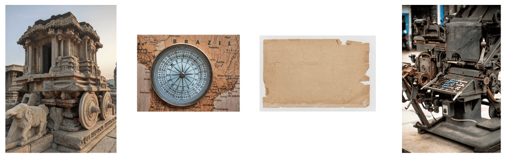 Collage of a stone chariot sculpture, a compass on a map of Brazil, a piece of aged paper, and an old printing press machine