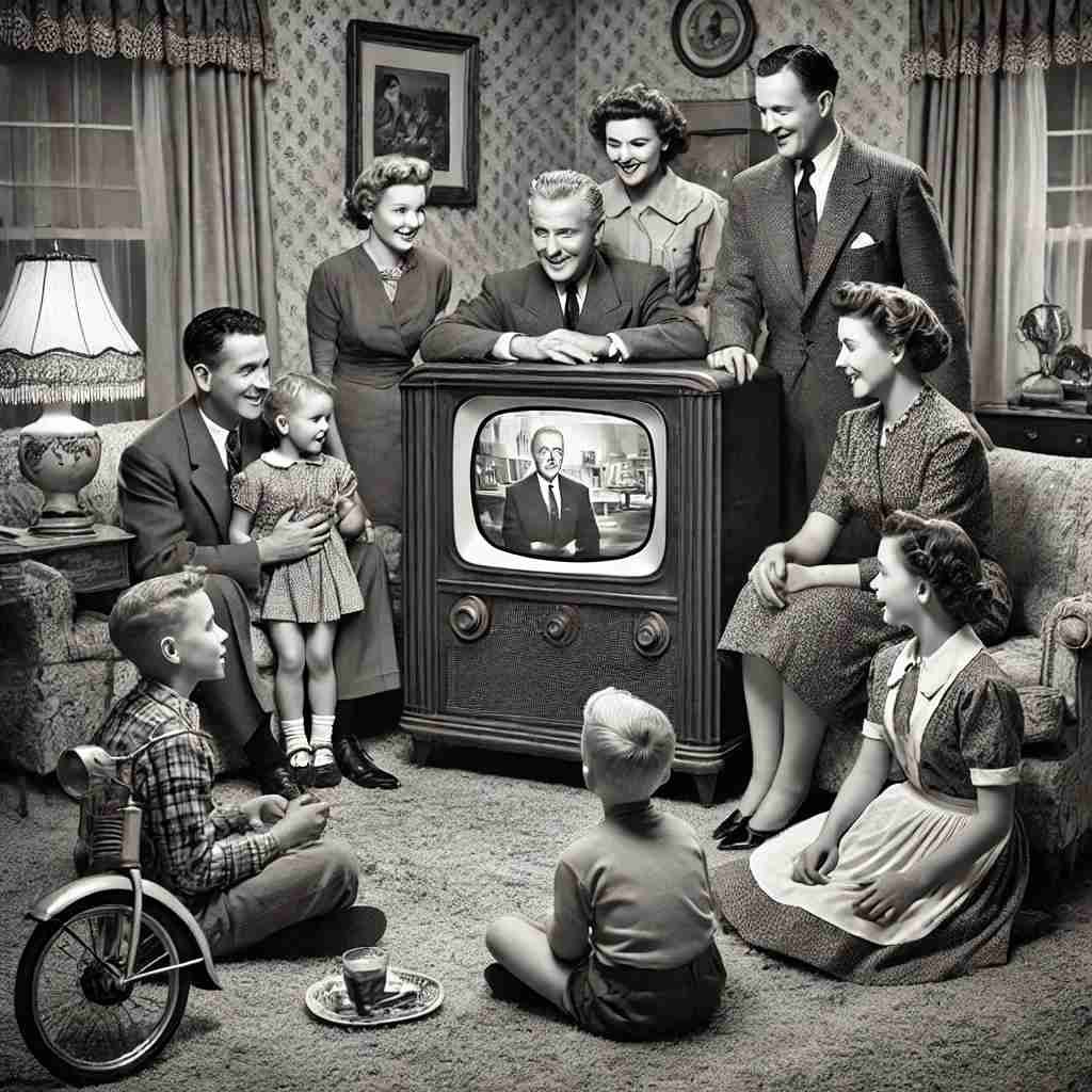 1950s family gathered around an old black-and-white television