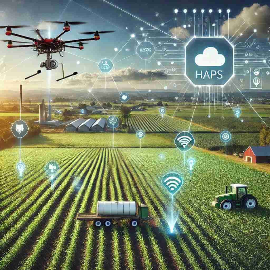 A farmland scene with advanced IoT integration, featuring sensors placed in fields and drones flying overhead