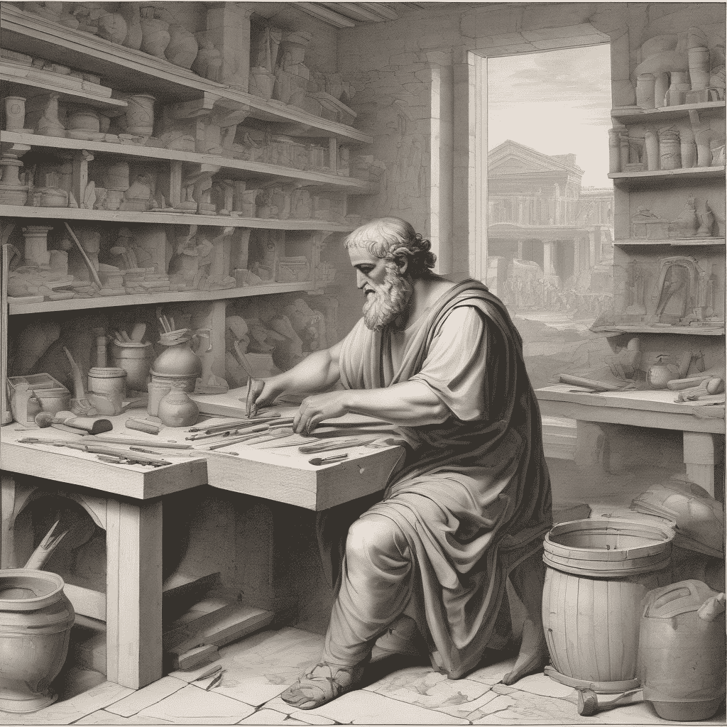 Concept art of Daedalus at work in his workshop