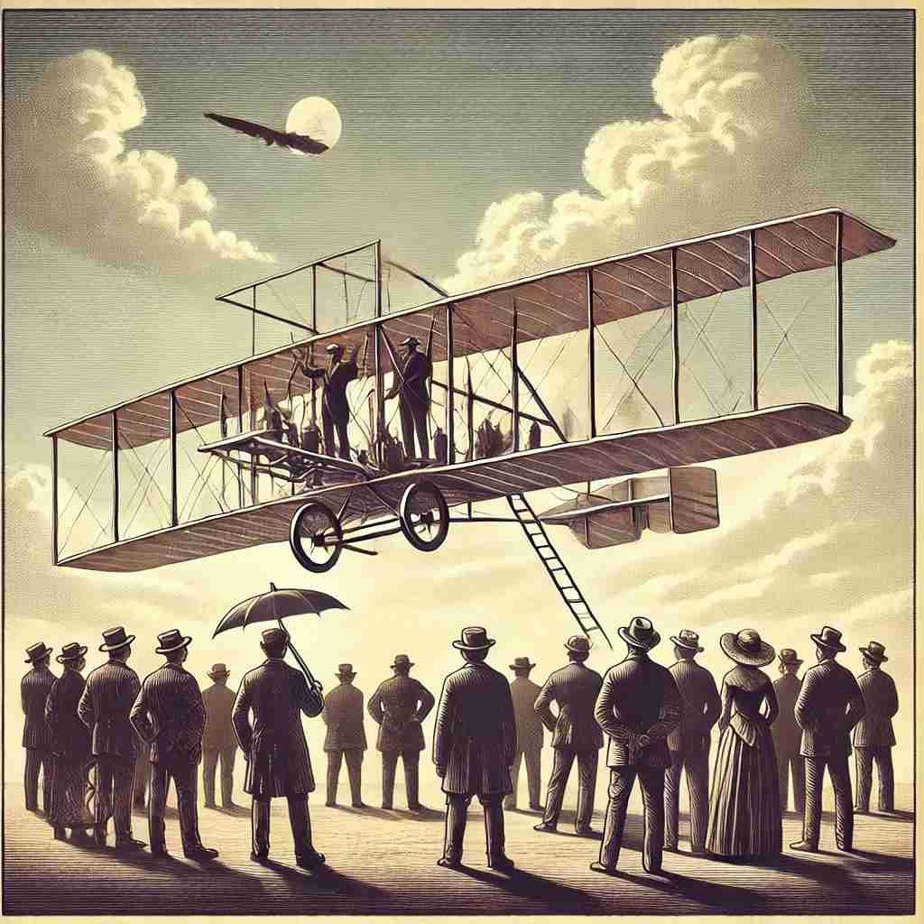 Generated art of 20th-century airplanes in flight, piloted by the Wright brothers.