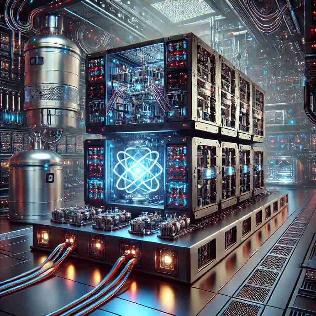 Quantum hardware developments, featuring a large quantum computer in a high-tech lab environment