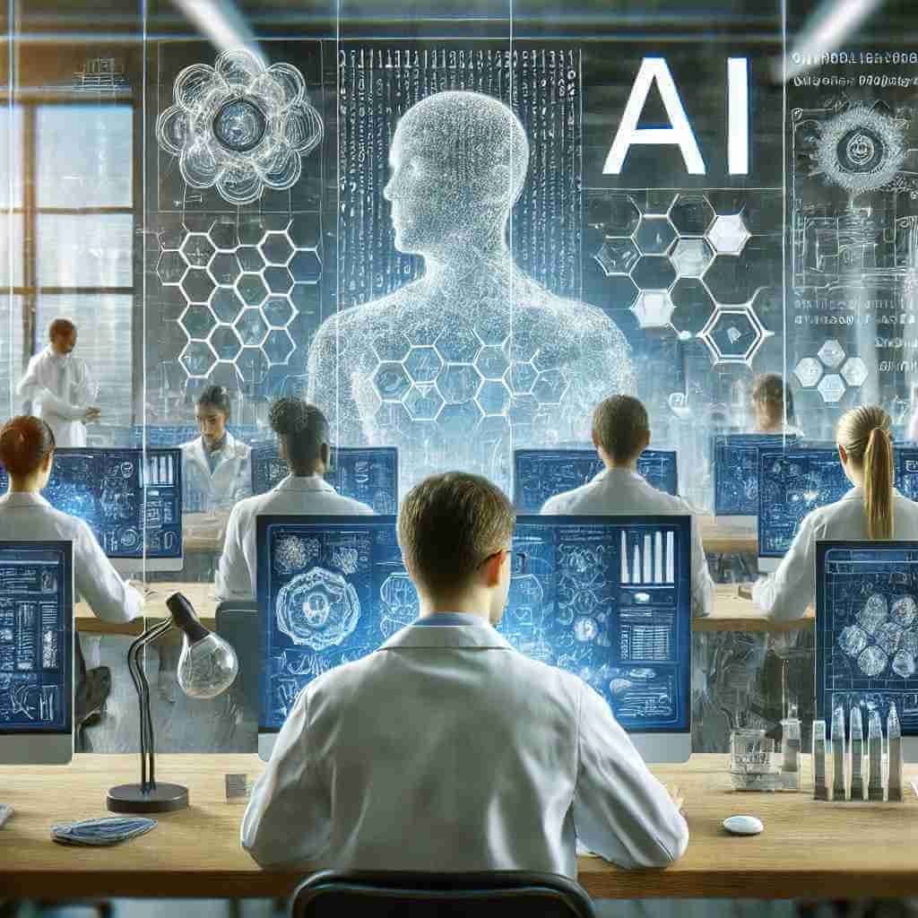 Realistic image of scientists working with AI technology in a high-tech research lab