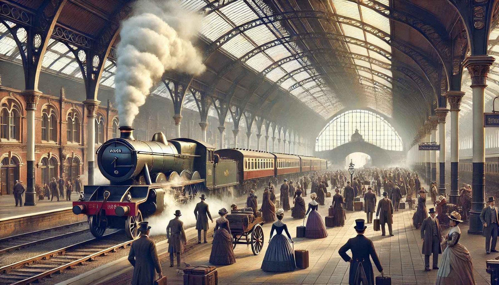 Victorian railway station featuring steam locomotives