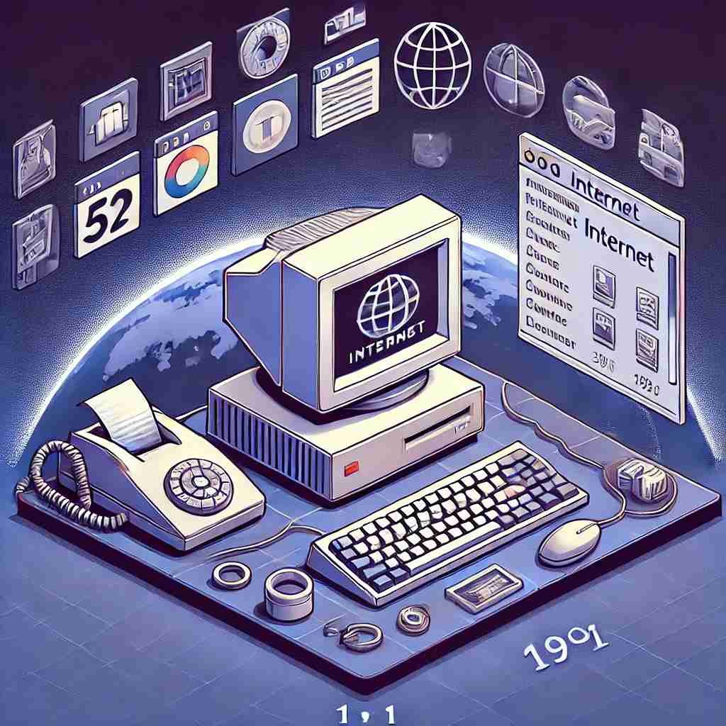 classic computer with a dial-up modem, icons