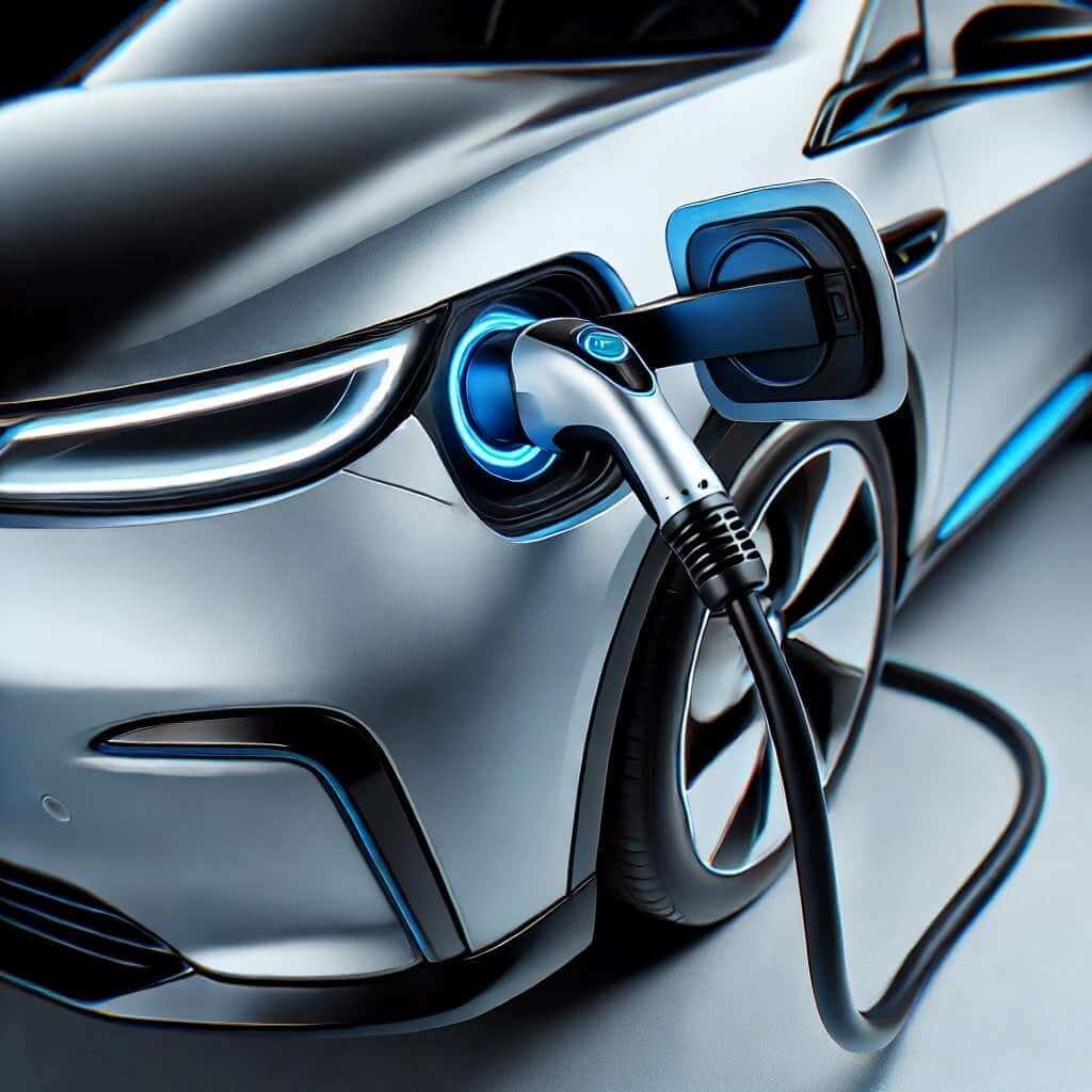 close-up view of an electric vehicle's charging plug connected to the car