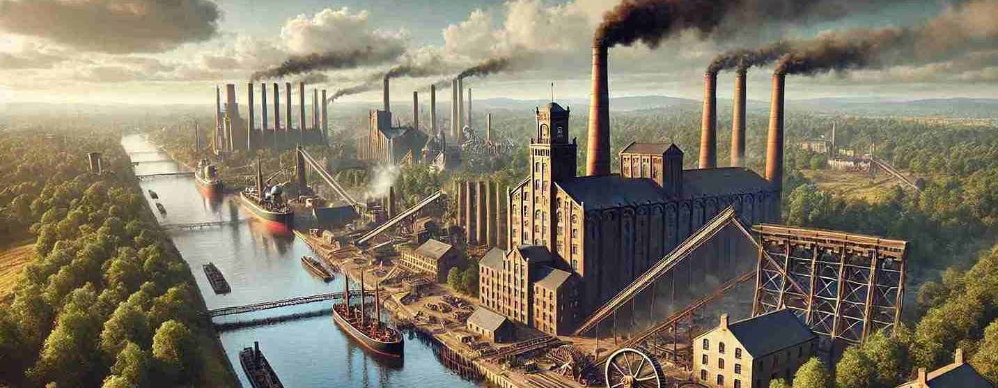 industrial age featuring a riverside mill and large industries with big machinery