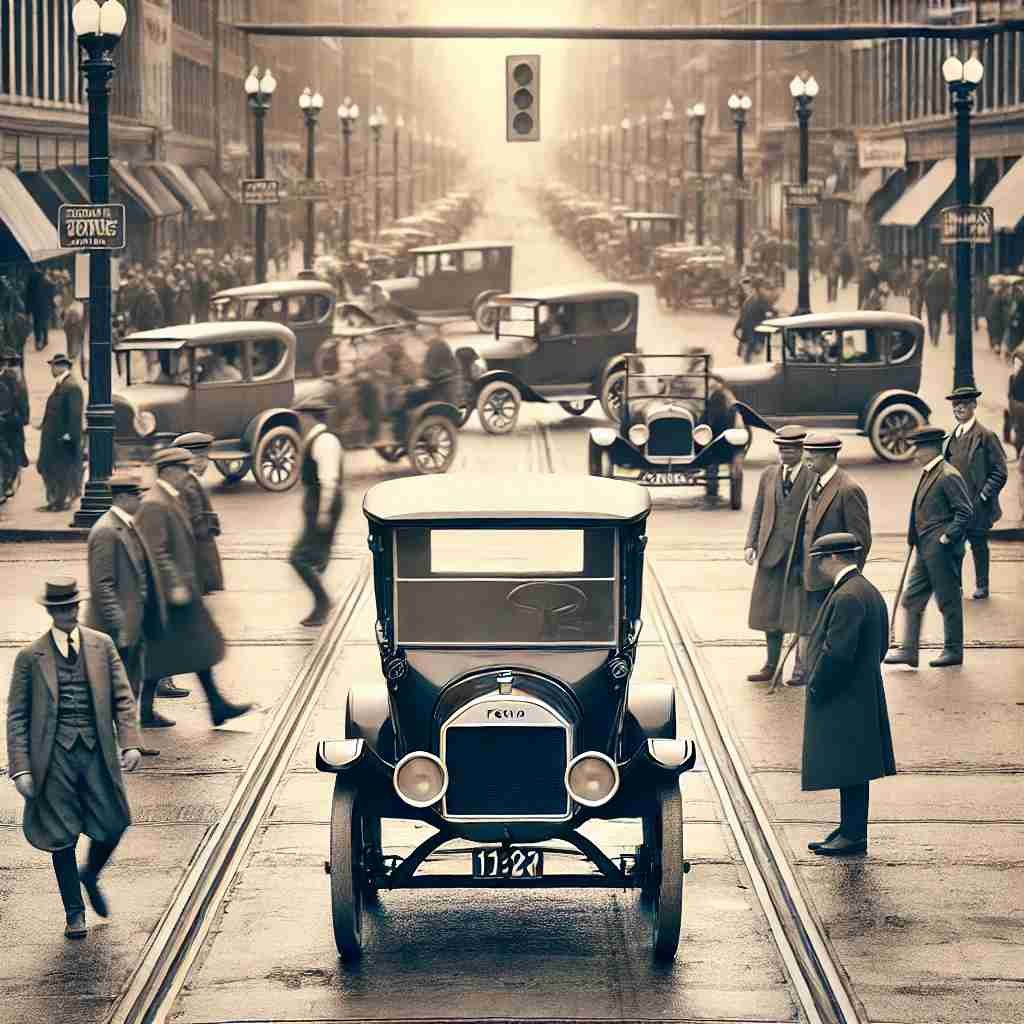 vintage Ford Model T car parked on a busy 1920s street