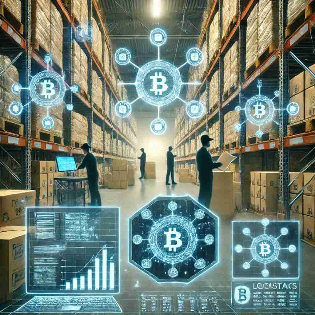 warehouse where goods are being tracked in real-time using a digital dashboard powered by blockchain technology